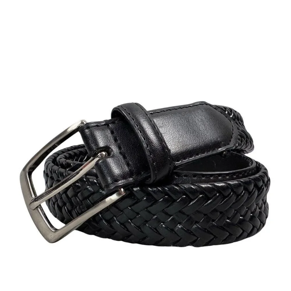 Men's Black Braided Leather Belt with Silver Buckle Size 40